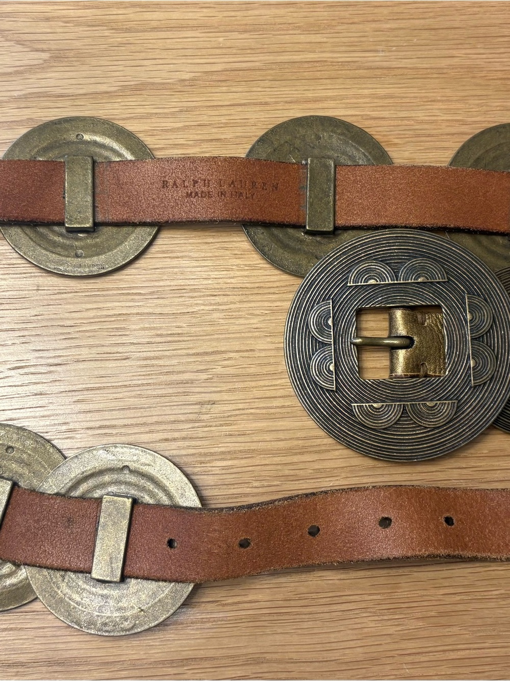 Ralph Lauren Tan Leather Belt with Antique Brass Coin Medallions